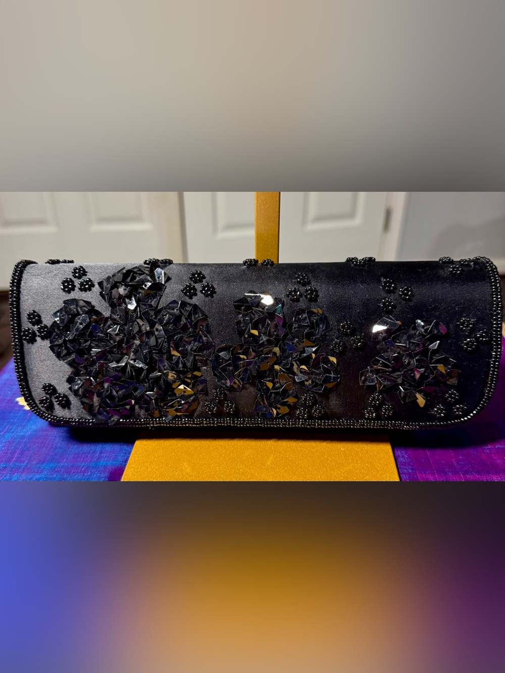 NWOT Handcrafted Black Satin Beaded Floral Clutch Shoulder Bag